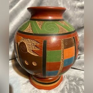 Roger Calero Signed Pottery Vase w/Stand/Size 5” H 15” Circumference/Color Red